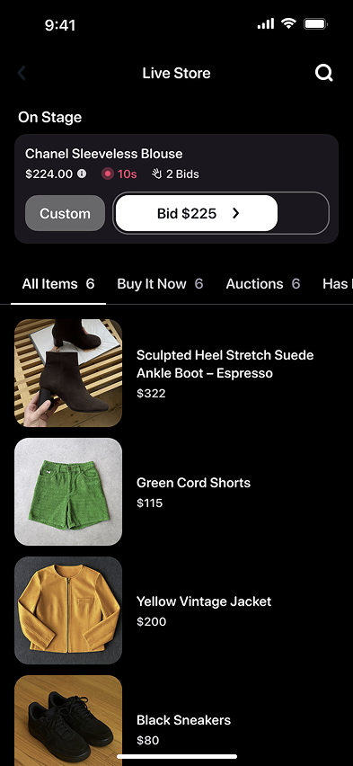 Live selling mobile screen